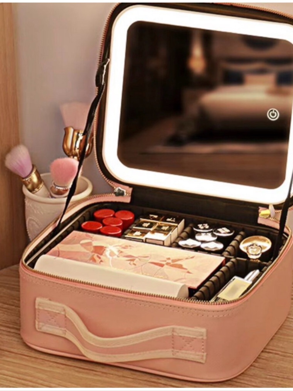 Compact Pink Travel Makeup Case with LED Mirror